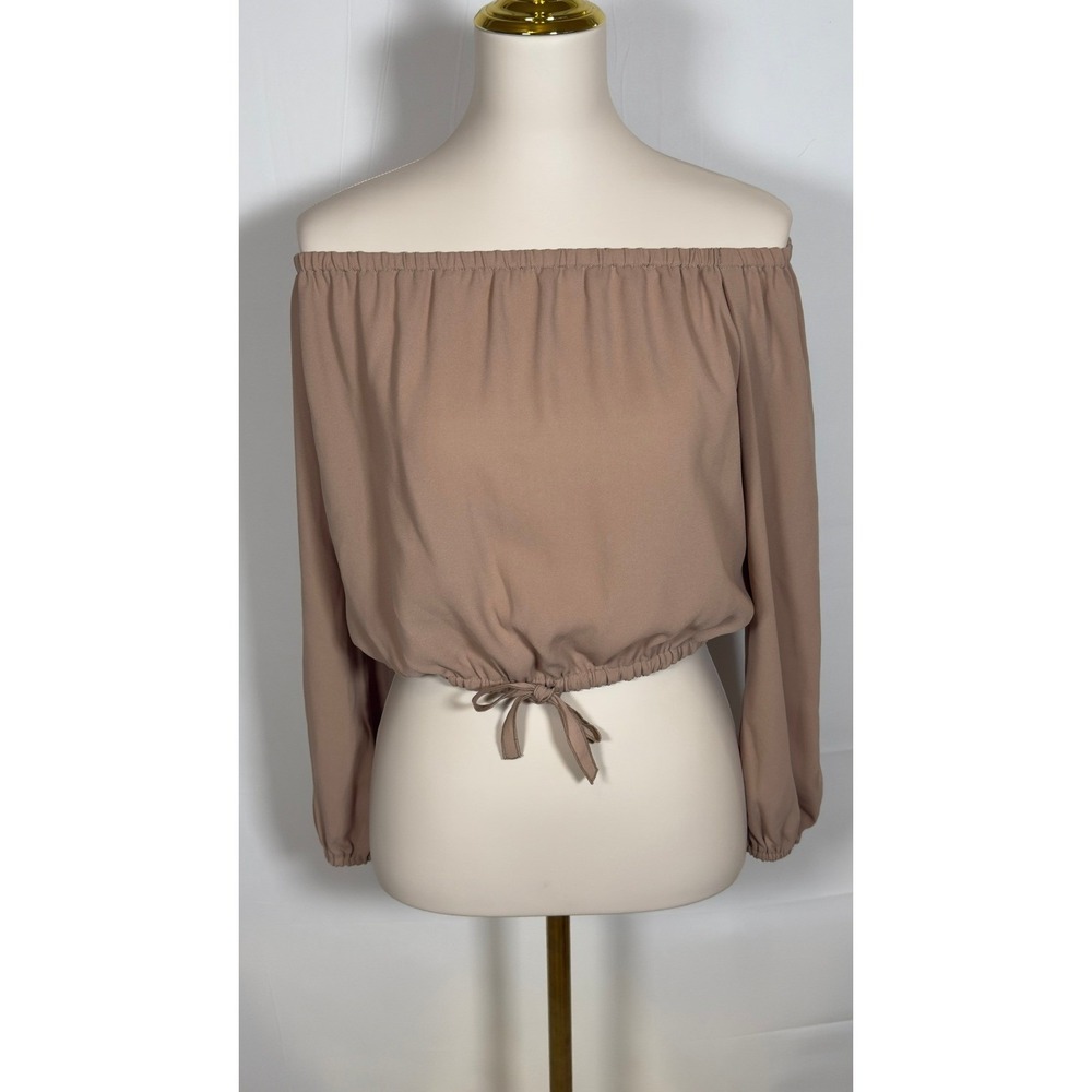 Wilfred Aritzia Off The Shoulder Crop Top Tan Long Sleeve Tie Front Blouse Small - Picture 5 of 10